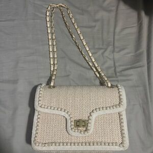 Elegant Cream Woven Bag with Pearl Accents